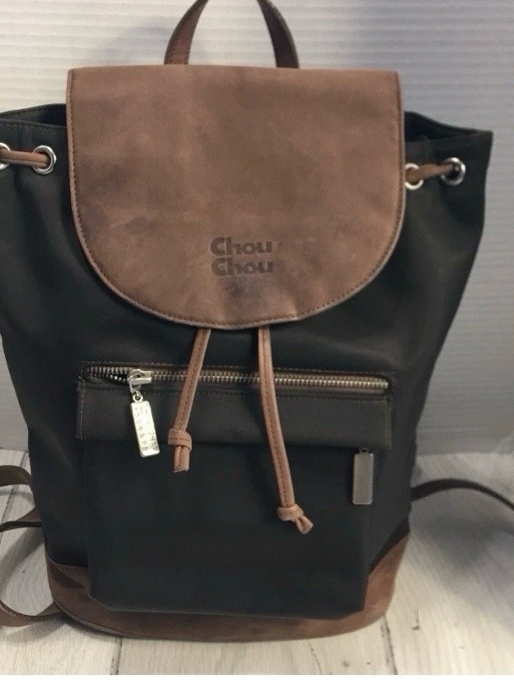 Chou Chou Brown Nylon & Faux Leather Drawstring Backpack Purse Rucksack Bag